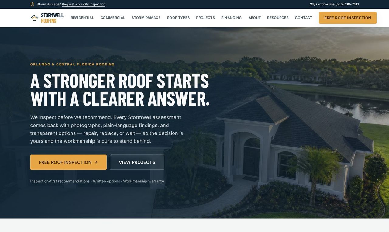 Stormwell Roofing concept homepage: aerial roof hero with a free roof inspection call to action.