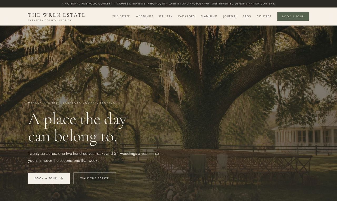 The Wren Estate concept homepage: oak-lined estate grounds with a book a tour call to action.