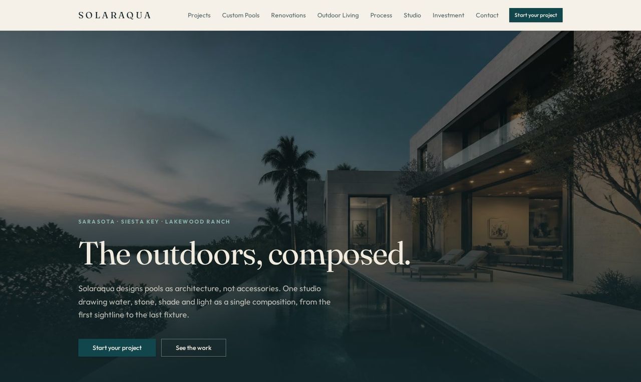 Solaraqua concept homepage: dusk pool architecture hero with a start your project call to action.
