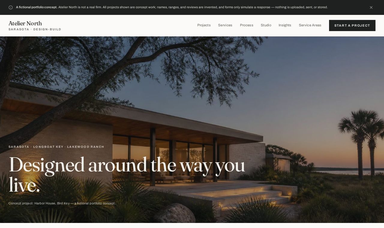 Atelier North concept homepage: architectural residence hero with a start a project call to action.