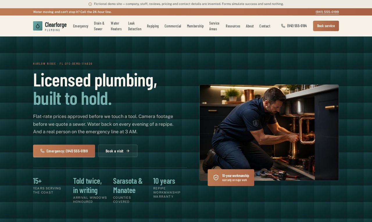 Clearforge Plumbing concept homepage: technician at work with emergency and booking actions.
