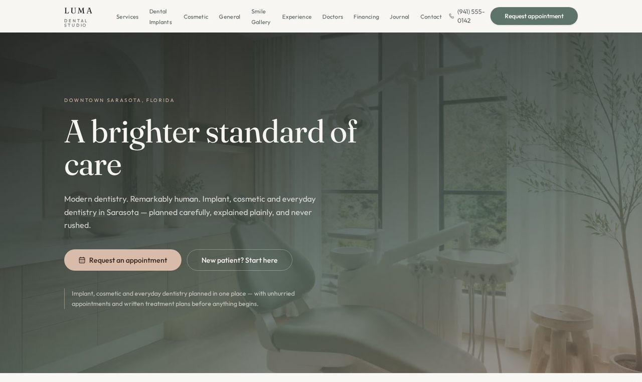 Luma Dental Studio concept homepage: bright clinic hero with an appointment request call to action.