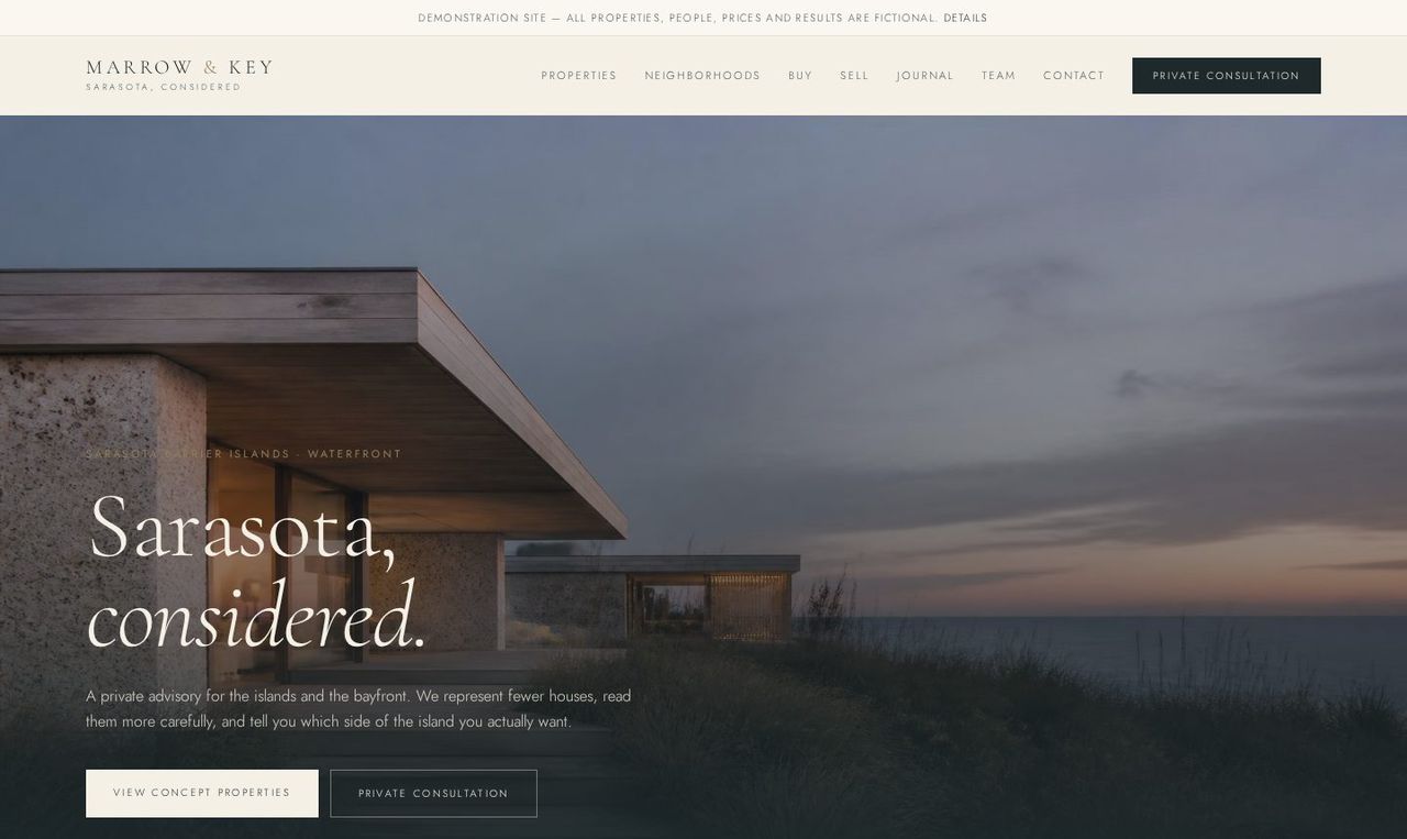 Marrow & Key concept homepage: waterfront residence hero with a private consultation call to action.