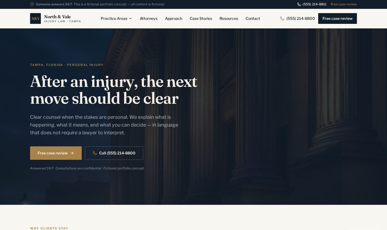 North & Vale Injury Law concept homepage: courthouse hero with a free case review call to action.
