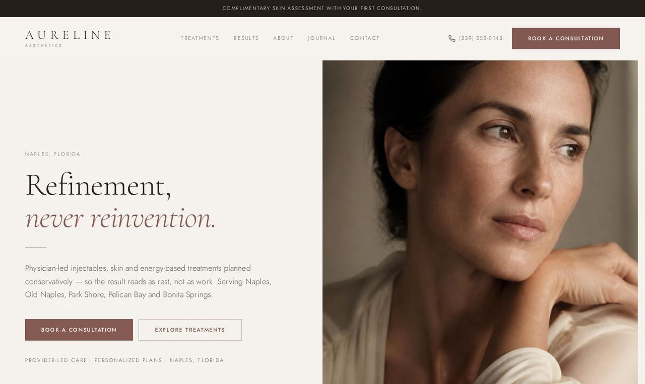 Aureline Aesthetics concept homepage: editorial hero with a consultation booking call to action.